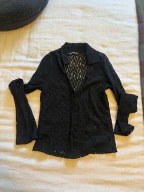 stradivarius Black Lace Button-Front Collared Blouse